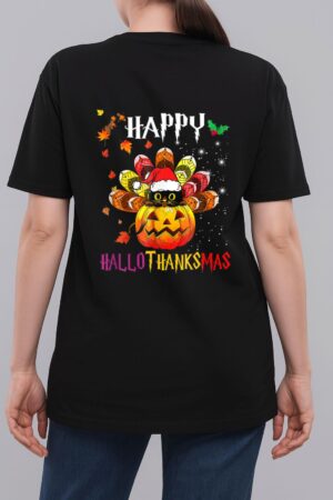 Black Cat Halloween And Merry Christmas Happy Hallothanksmas Woman T-Shirt