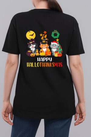 Cat Halloween Christmas Happy Hallothanksmas Thanksgiving Woman T-Shirt