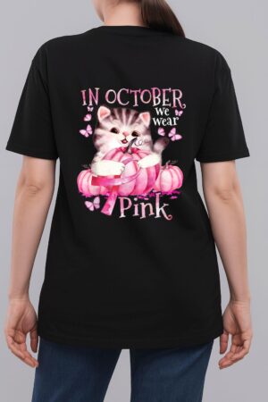 Cat Pumpkin Halloween In October We Wear Pink Breast Cancer Woman T-Shirt