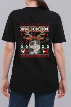 Cat Reindeer Antlers Headband Funny Ugly Christmas Sweater Woman T-Shirt