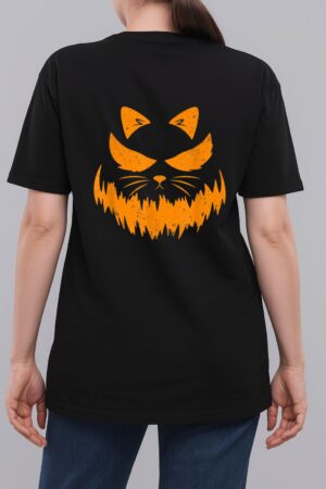 Cat Scary Pumpkin Face Jack O Lantern Halloween Costume Woman T-Shirt