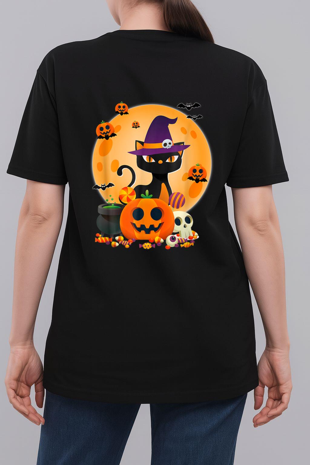 Cat With Witch Hat Pumpkin Bat Moon Cat Funny Halloween Woman T-Shirt