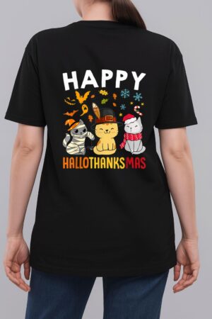 Cats Happy HalloThanksMas Thanksgiving Christmas Woman T-Shirt