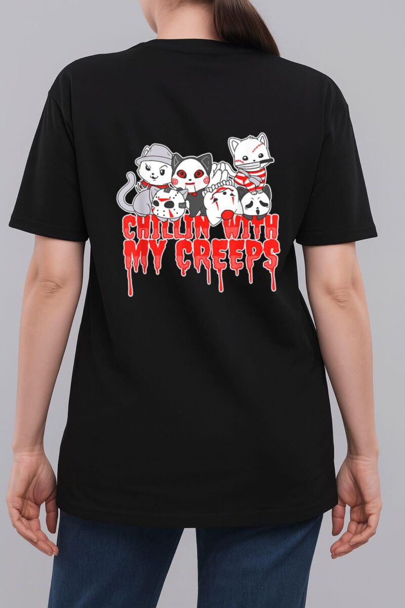 Chillin With My Creeps Cat Horror Serial Killer Halloween Woman T-Shirt
