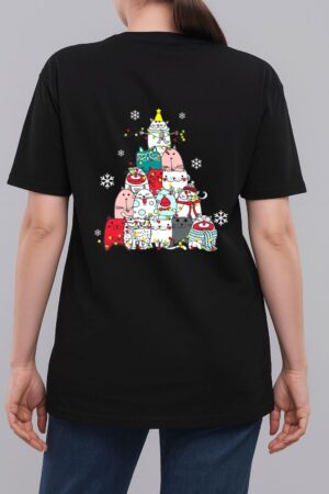 Cute Cat Christmas Tree Lights Snow Xmas Pajama Cat Lover Woman T-Shirt