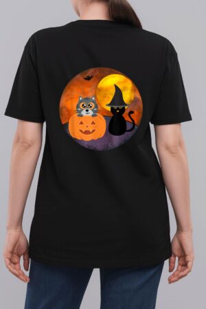 Cute Halloween Cat Scene Witch Pumpkin Bat Full Moon Woman T-Shirt