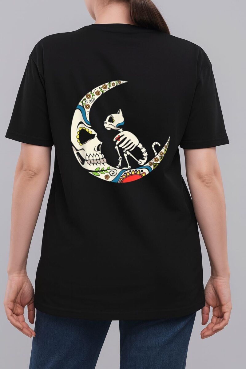 Dia De Los Muertos Crescent Moon And Cat Sugar Skull Woman T-Shirt