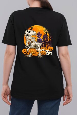 Dinosaur Skeleton Pumpkin With Moon Halloween Cat Witchy Woman T-Shirt
