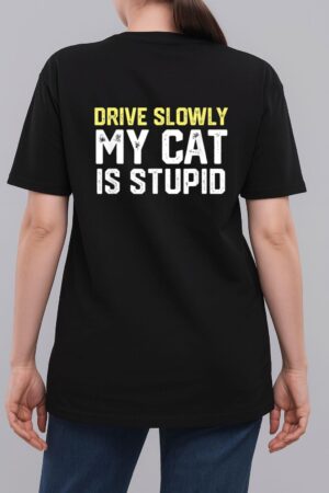 Drive Slowly My Cat Is Stupid Funny Cat Lover Joke Woman T-Shirt