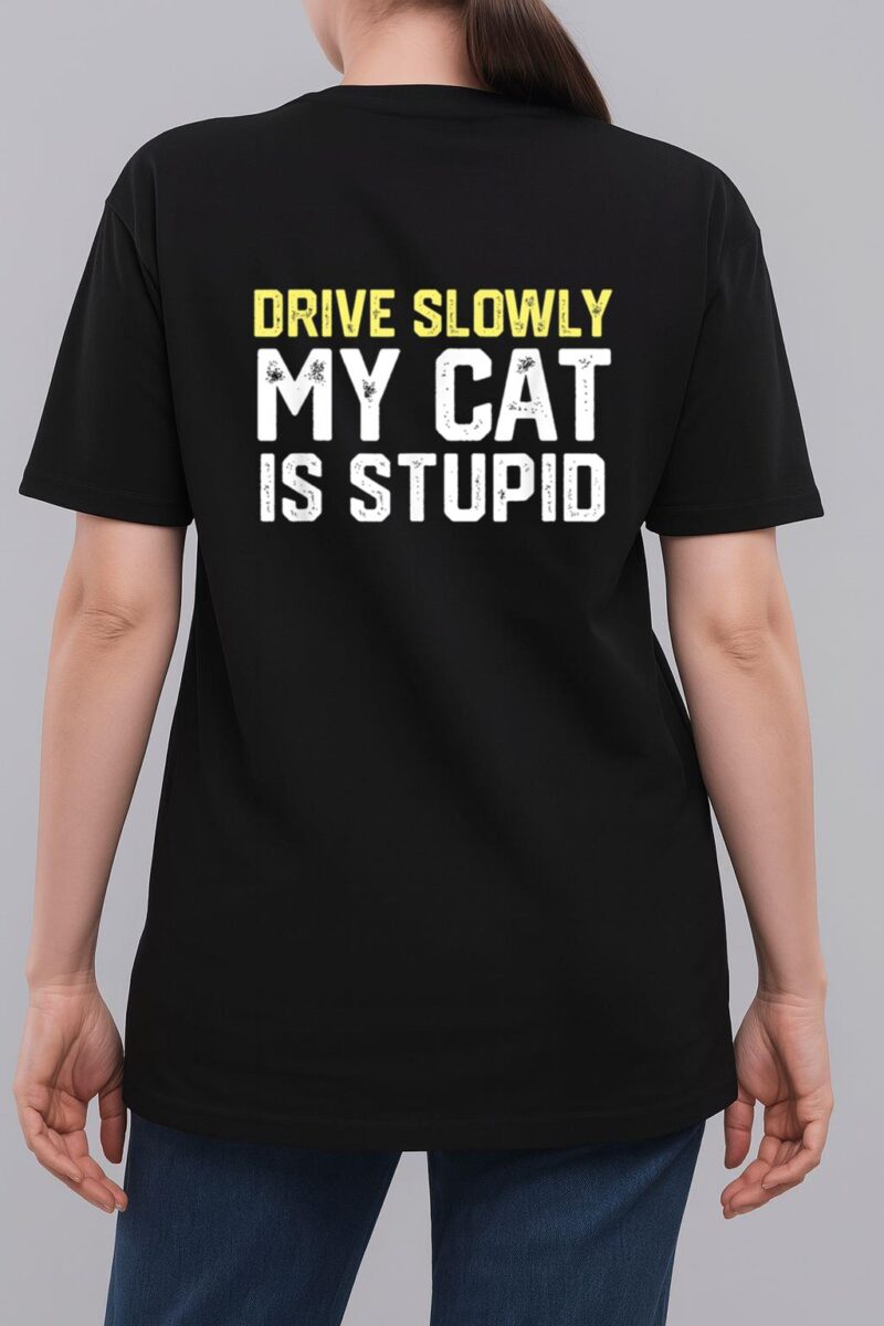 Drive Slowly My Cat Is Stupid Funny Cat Lover Joke Woman T-Shirt