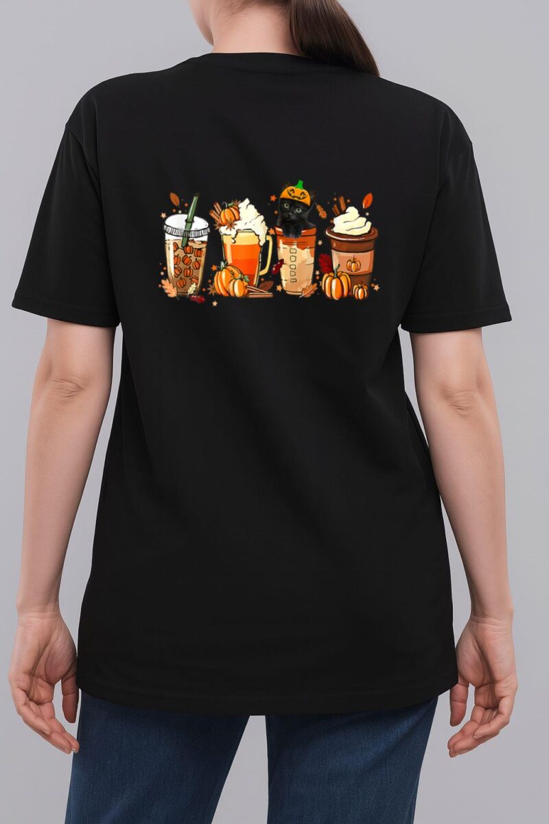 Fall Coffee Pumpkin Spice Latte Iced Autumn Black Cat Woman T-Shirt
