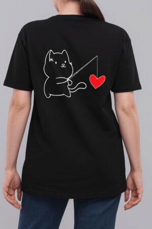 Funny Cat Fishing Heart Valentines Day Woman T-Shirt