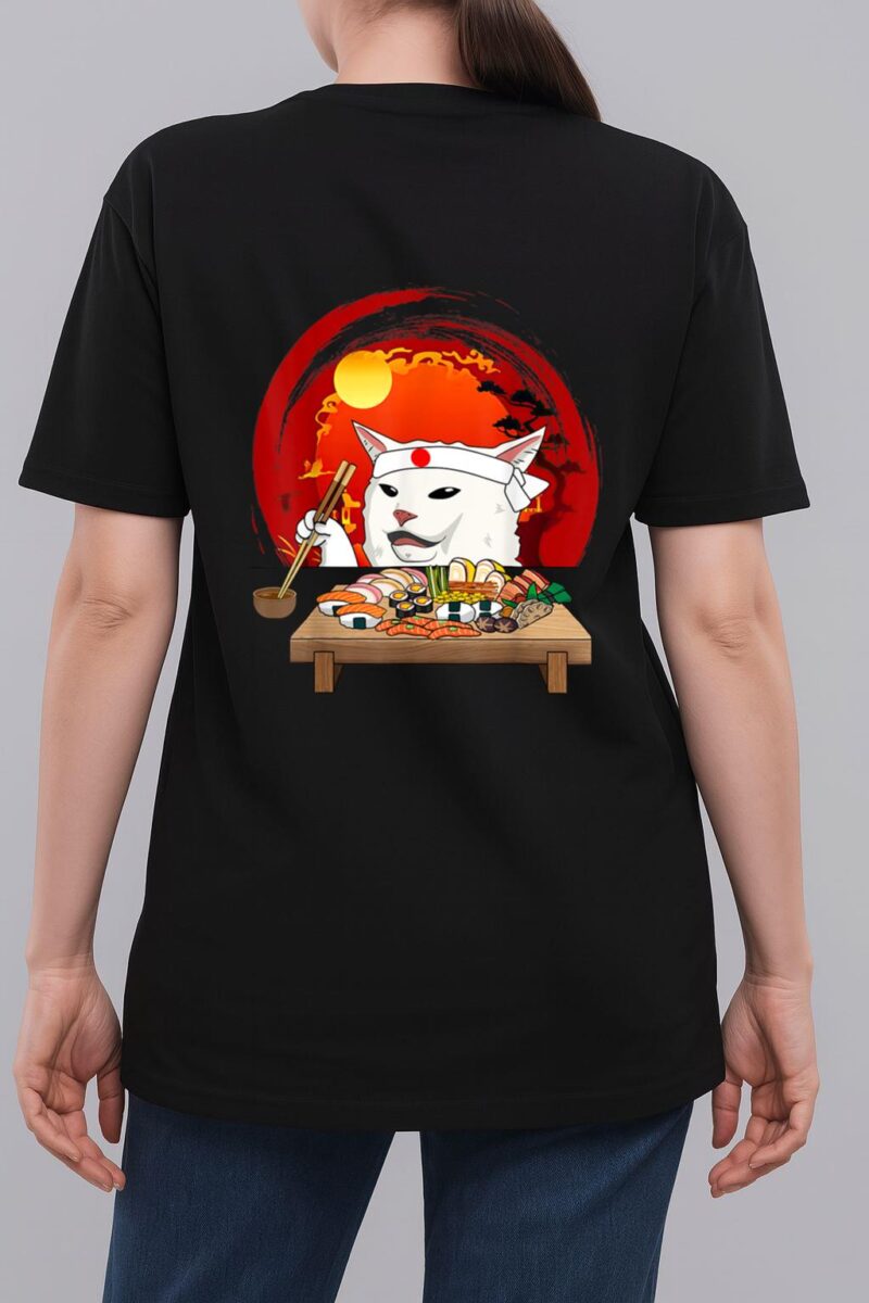Funny White Cat Meme Eating Sushi Kawaii Sushi Cat Woman T-Shirt