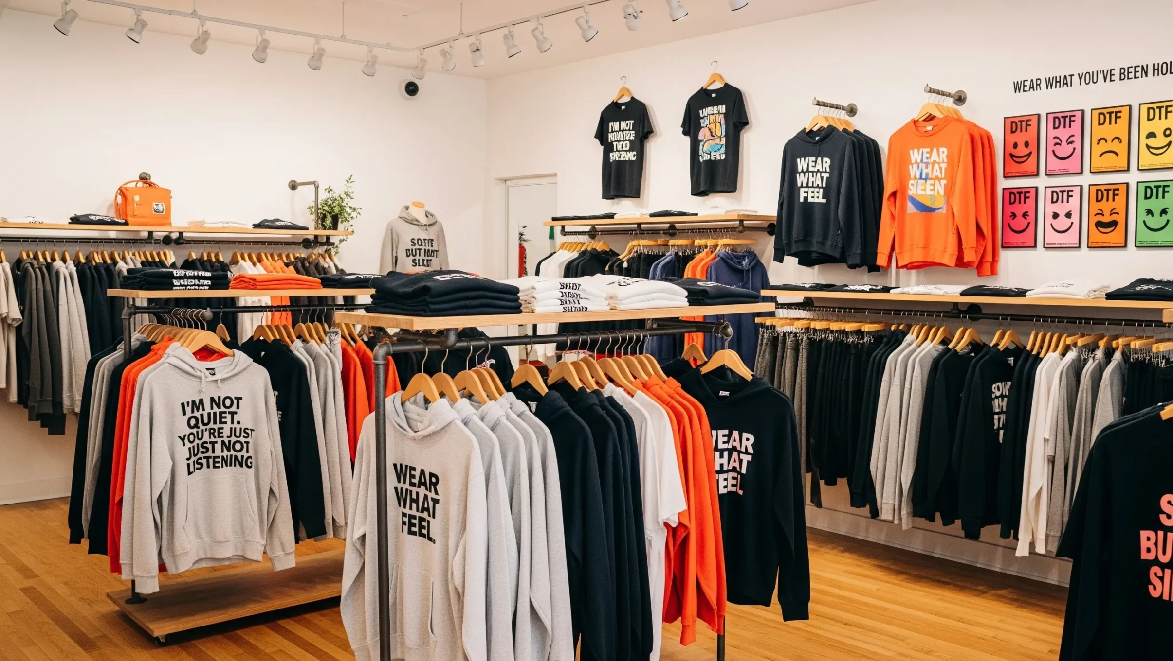 An indoor boutique clothing store with warm wood flooring and industrial-style clothing racks made of dark metal and wood.