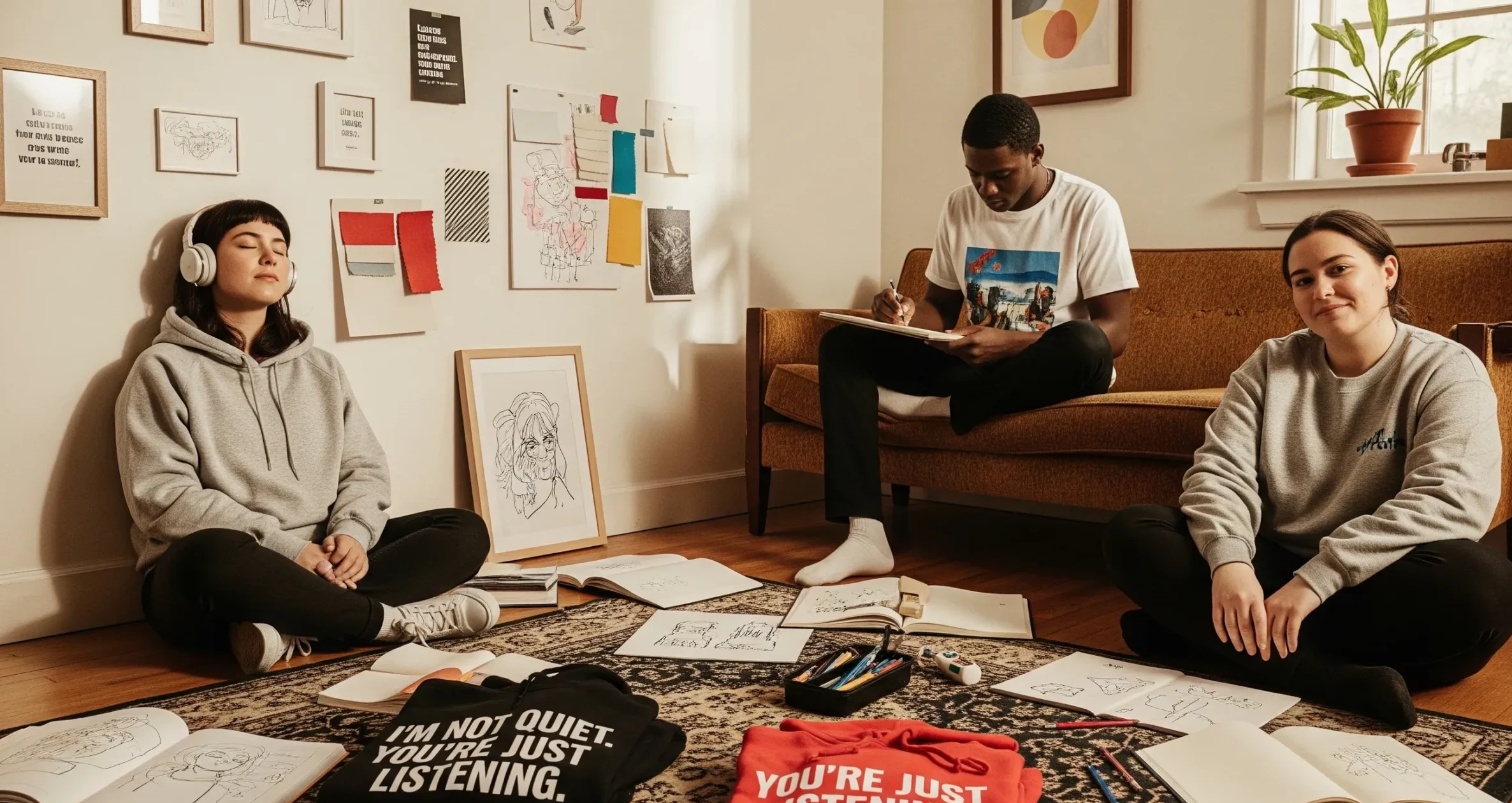 A cozy, softly lit indoor space that feels like part creative studio, part lived-in room. The walls are warm-toned and decorated with small framed quotes, doodles, and pinned fabric samples. On the floor are open sketchbooks, folded hoodies with bold emotional prints