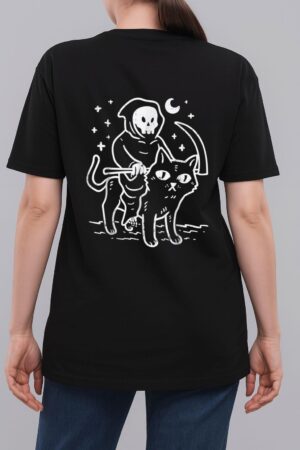 Grim Reaper Riding Cat Moon Funny Death Halloween Costume Woman T-Shirt