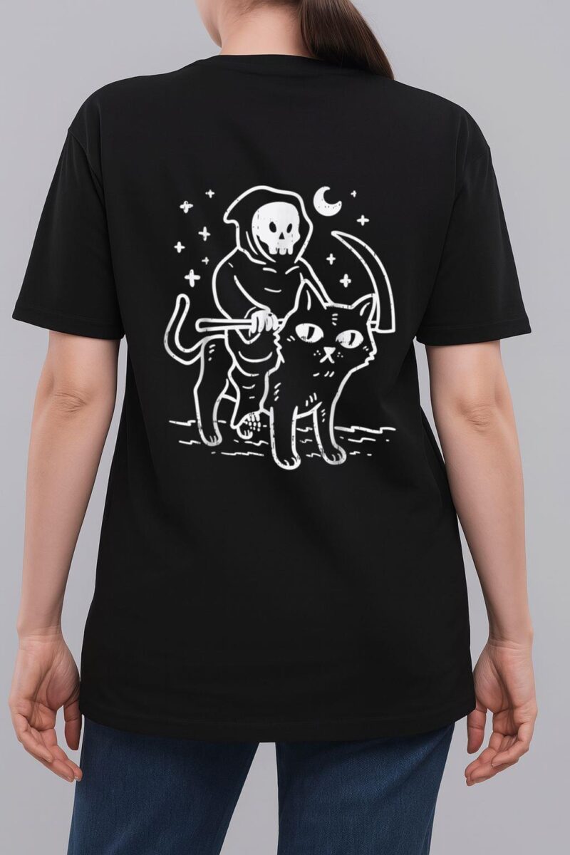 Grim Reaper Riding Cat Moon Funny Death Halloween Costume Woman T-Shirt