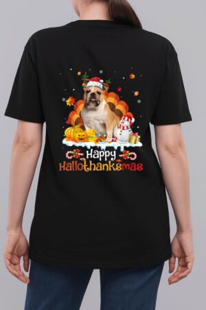 HalloThanksMas Halloween Thanksgiving Christmas Bulldog Woman T-Shirt