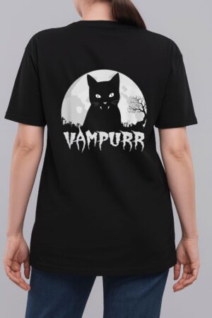 Halloween Black Cat Vampire With Full Moon - Vampurr Pun Woman T-Shirt