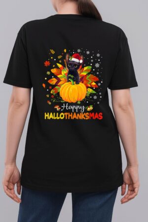 Happy Hallothanksmas Cat Halloween Thanksgiving Christmas Woman T-Shirt
