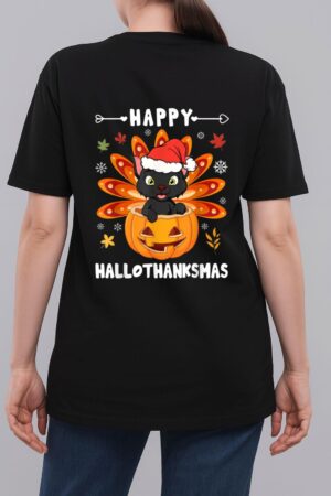 Happy Hallothanksmas Cat Turkey Cat Thanksgiving Christmas Woman T-Shirt