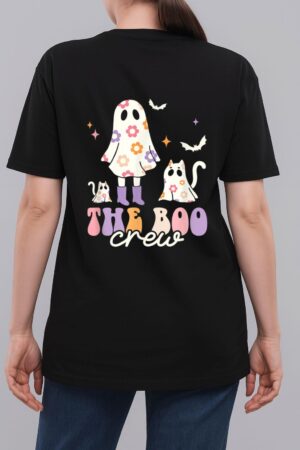 He Boo Crew Spooky Season Ghost Cat Halloween Groovy Retro Woman T-Shirt