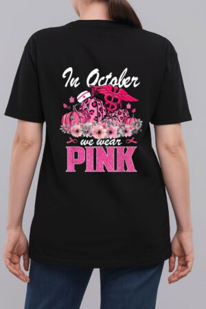 In October We Wear Pink Nurse Life Pumpkin Leopard Halloween Woman T-Shirt