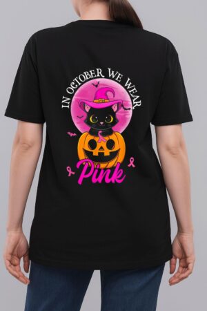 In October We Wear Pink Witch Cat Halloween Breast Cancer Woman T-Shirt
