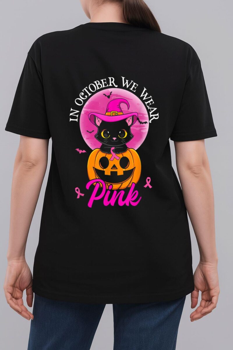 In October We Wear Pink Witch Cat Halloween Breast Cancer Woman T-Shirt