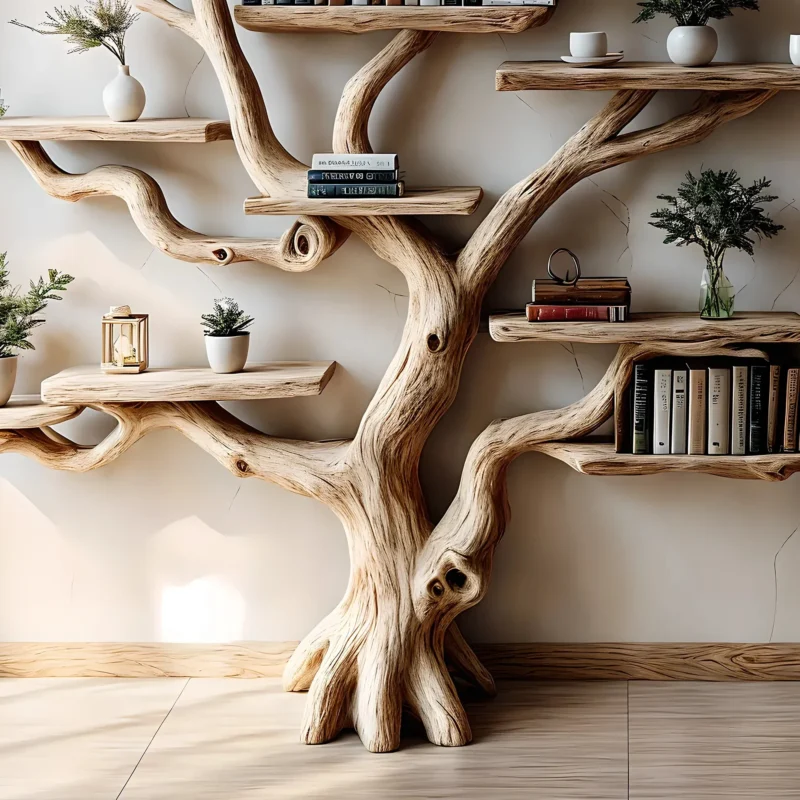Bookshelf made of pine branches, Natural wood, Children's bookshelf, Decorative library - Image 3