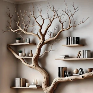 Decorative bookshelf made of solid driftwood for home decoration