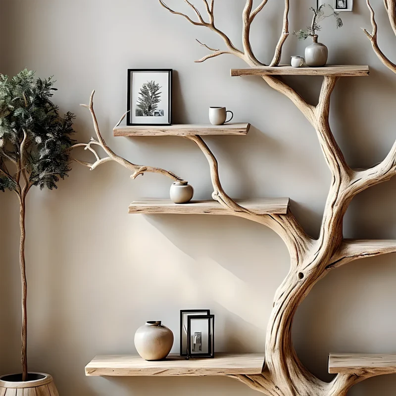 Decorative bookshelf, tree branch floor, wall-mounted, solid wood interior, home decoration, gift - Image 2