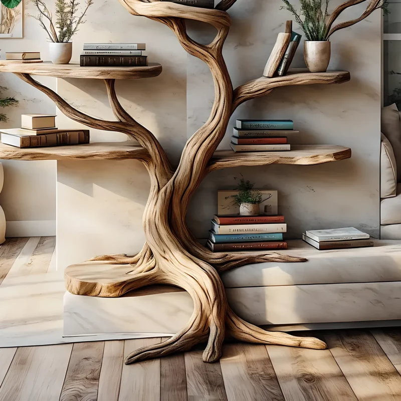 Decorative bookshelf, tree-shaped bookshelf, solid wood bookshelf, floating shelf, interior decoration - Image 2