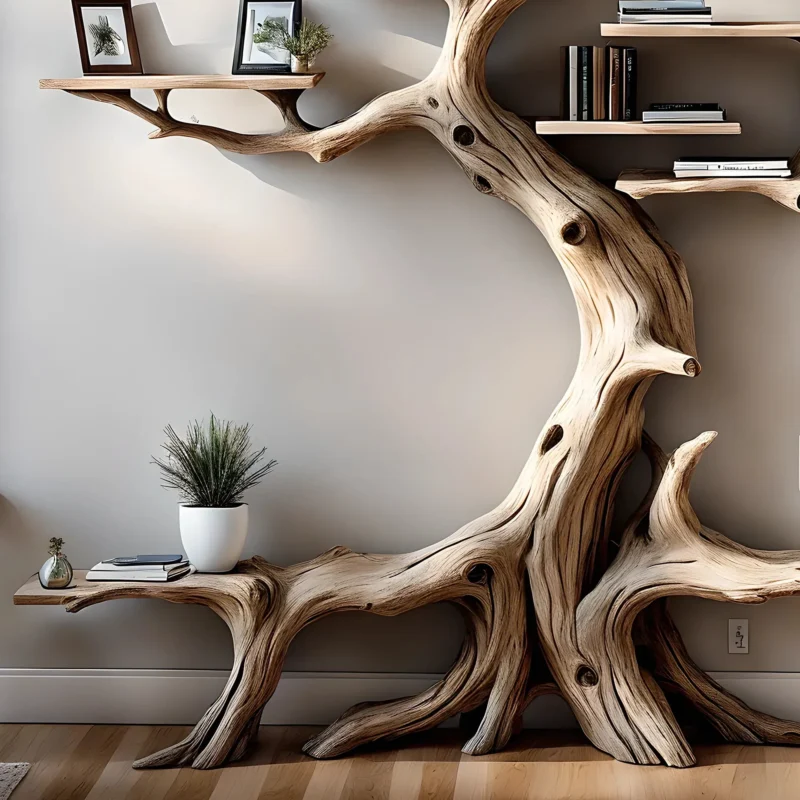 Driftwood bookshelf decorates home wall - Image 2