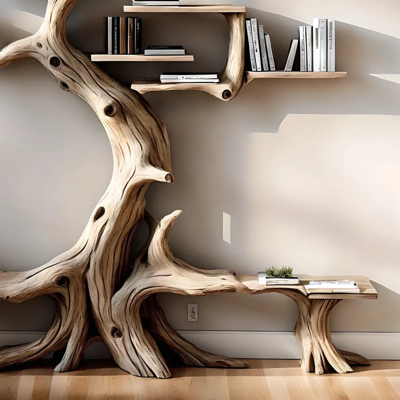 Driftwood bookshelf decorates home wall - Image 3
