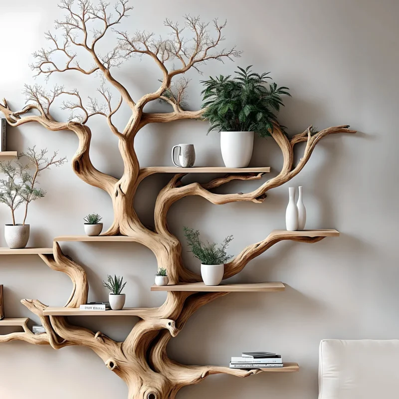 Driftwood bookshelf in the shape of perennial driftwood. Bookshelf in the shape of solid wood for home decoration - Image 2