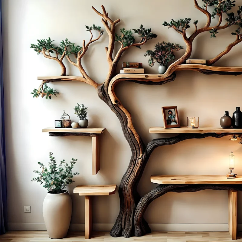Handmade natural wooden tree branch bookshelf, children's room bookshelf, gift