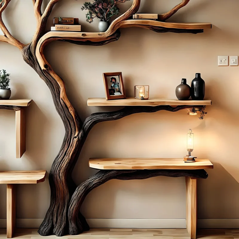 Handmade natural wooden tree branch bookshelf, children's room bookshelf, gift - Image 3