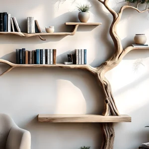 Handmade Wall-Mounted Tree Branch Bookshelf, Solid Wood for Interior Decoration