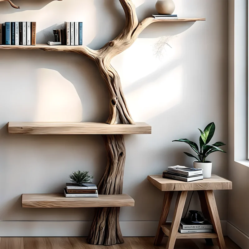 Handmade Wall-Mounted Tree Branch Bookshelf, Solid Wood for Interior Decoration - Image 2