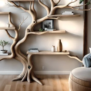 Handmade wooden bookshelf, Tree branch bookshelf, Living room decoration, Office decoration, Natural wood, Floating shelf