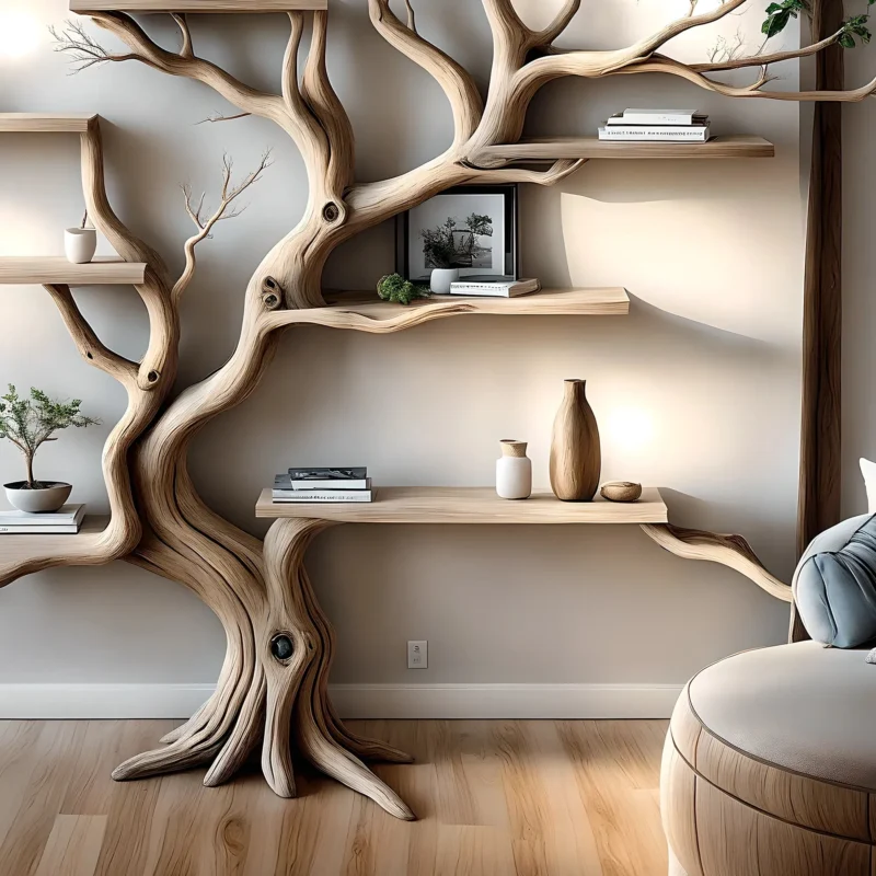 Handmade wooden bookshelf, Tree branch bookshelf, Living room decoration, Office decoration, Natural wood, Floating shelf