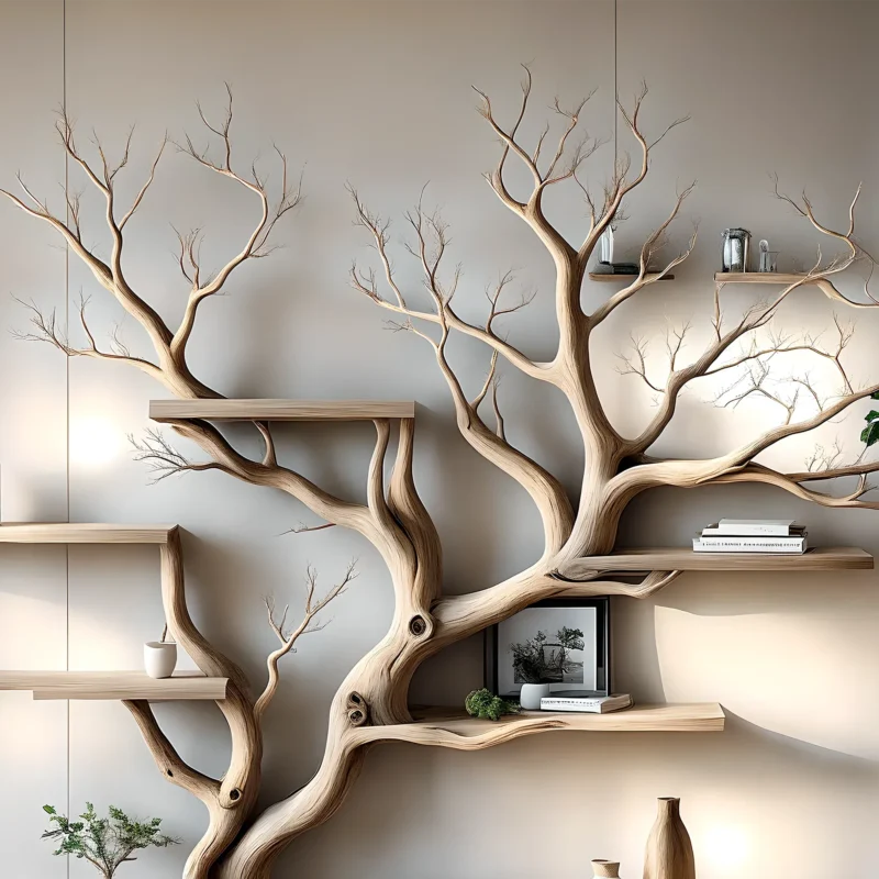 Handmade wooden bookshelf, Tree branch bookshelf, Living room decoration, Office decoration, Natural wood, Floating shelf - Image 2