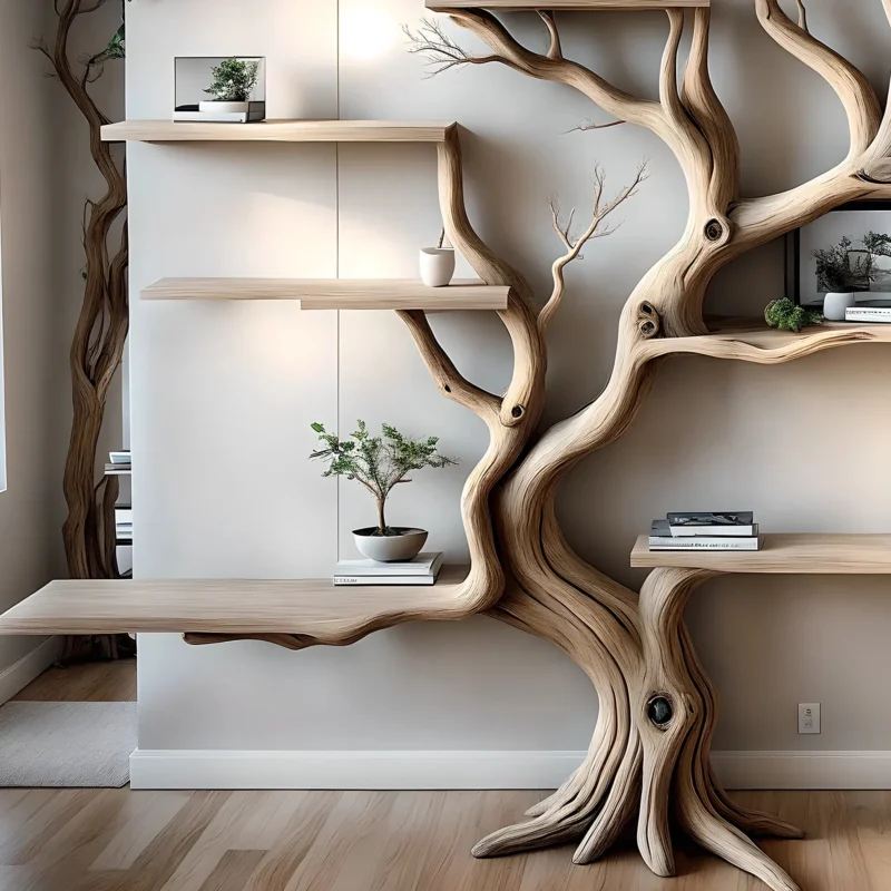 Handmade wooden bookshelf, Tree branch bookshelf, Living room decoration, Office decoration, Natural wood, Floating shelf - Image 3