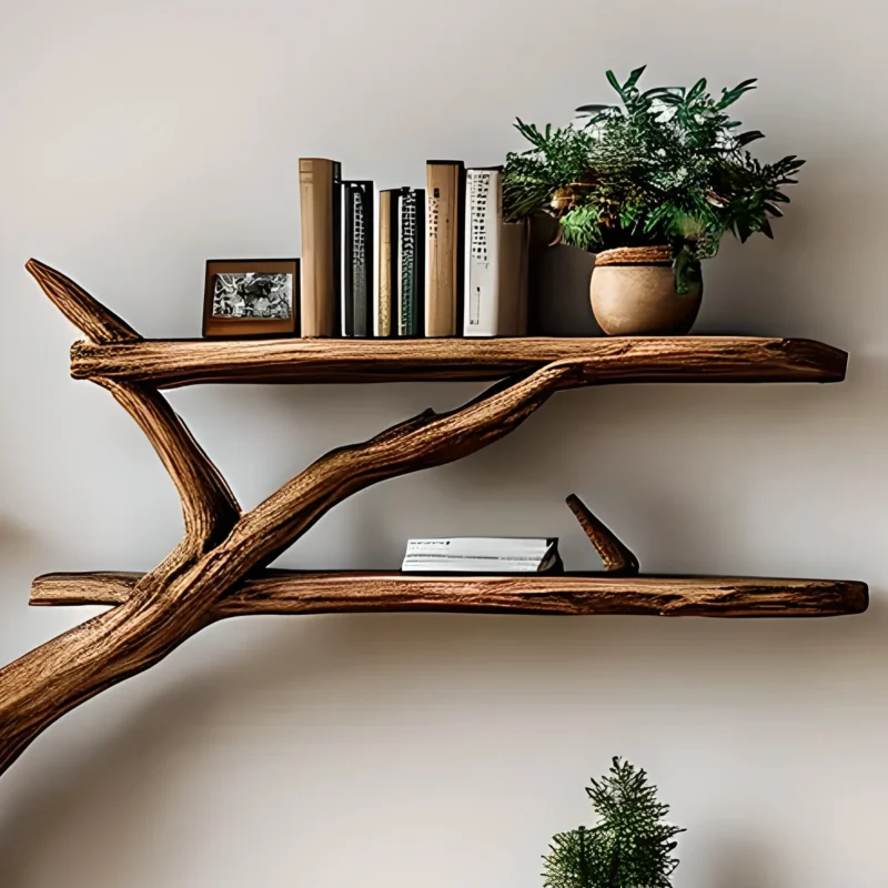 Handmade wooden bookshelf, Tree branch bookshelf, Living room decoration, Office decoration, Natural wood, Floating shelf - Image 2
