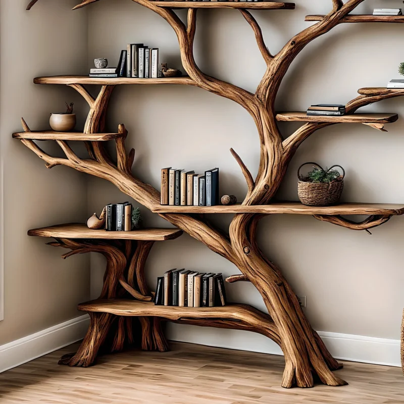 Handmade wooden bookshelf, Tree branch bookshelf, Living room decoration, Office decoration, Natural wood, Floating shelf - Image 3