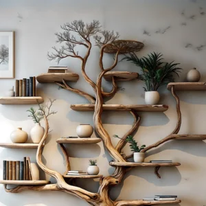 Handmade wooden tree branch bookshelf from solid natural wood, floating shelf, children's room decoration