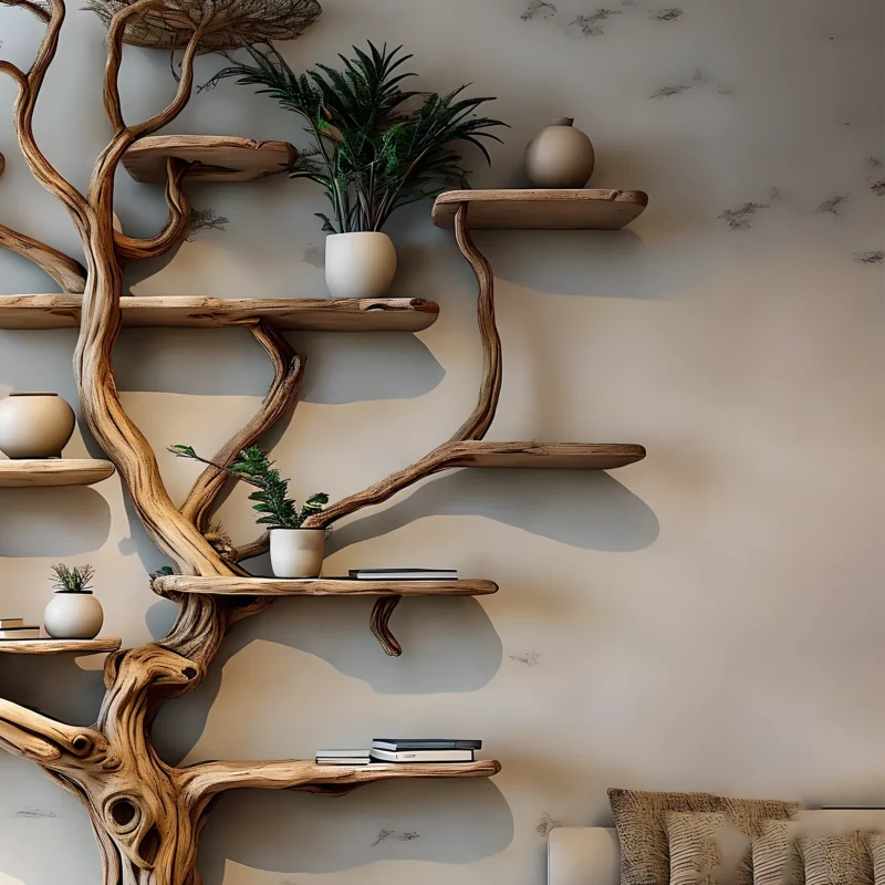 Handmade wooden tree branch bookshelf from solid natural wood, floating shelf, children's room decoration - Image 2