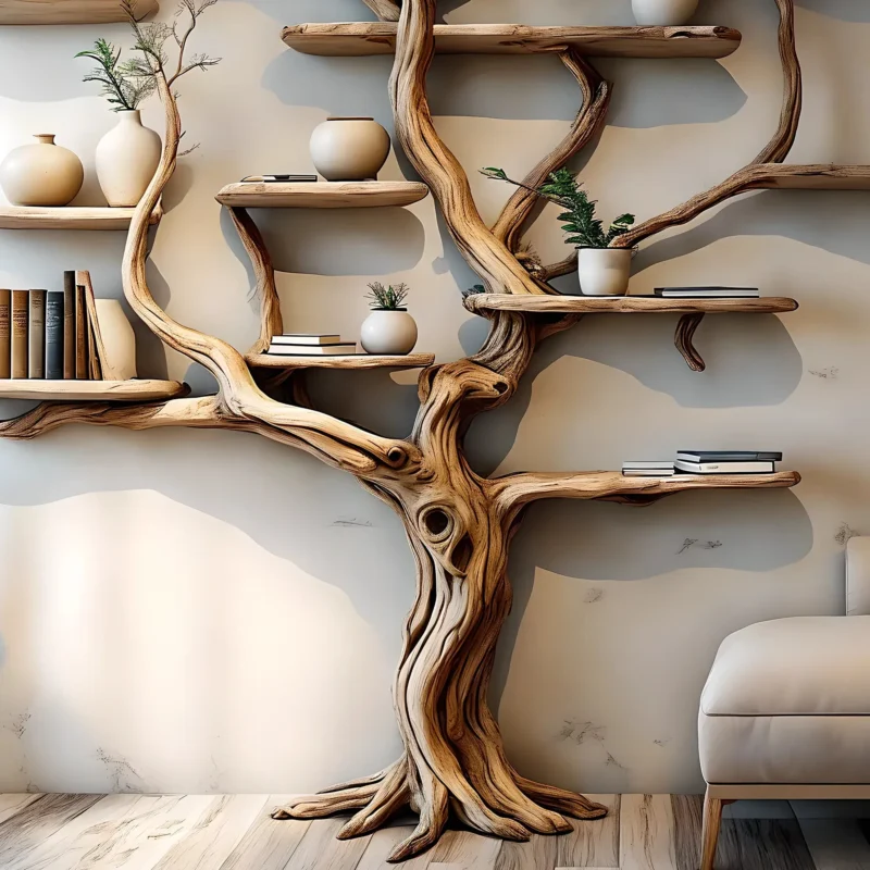 Handmade wooden tree branch bookshelf from solid natural wood, floating shelf, children's room decoration - Image 3
