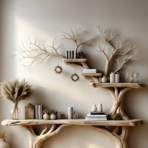 Narrow table with twig bookshelf, Entrance living edge table, Farm table rustic handmade console table natural wood